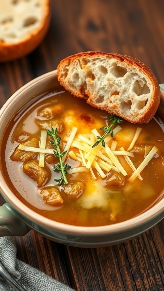 Classic French Onion Soup Recipe A bowl of French onion soup with melted cheese and crusty bread, garnished with thyme on a wooden table.